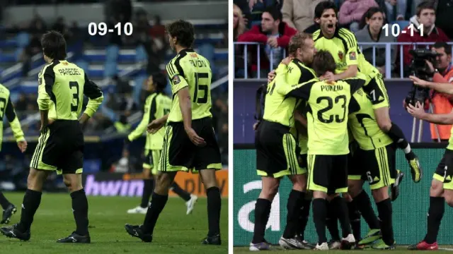 Dos momentos, en las dos temporadas en las que el Real Zaragoza vistió de amarillo 'fosforito' como segundo uniforme: el primero en Málaga, el segundo en el Bernabéu en Madrid.