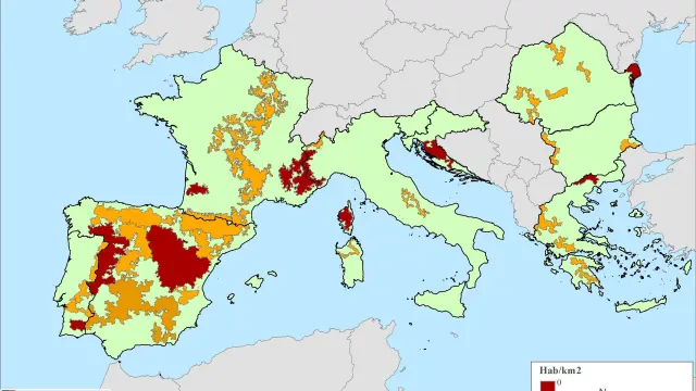 Mapa con las zonas más despobladas del sur de la UE elaborado por Serranía Celtibérica.