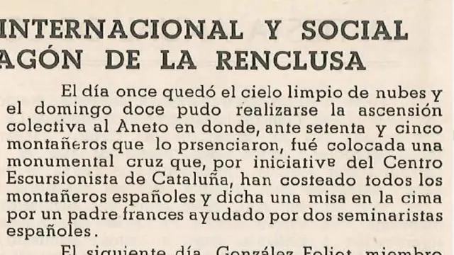 Extracto del boletín de Montañeros de Aragón de 1951 que recoge la ascensión para la colocación de la cruz del Aneto