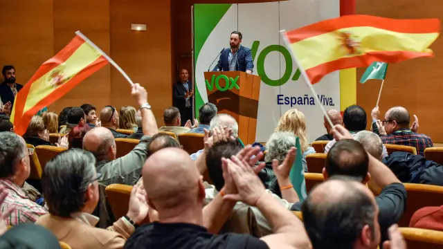 El presidente de Vox, Santiago Abascal, este sábado en un acto en Bilbao