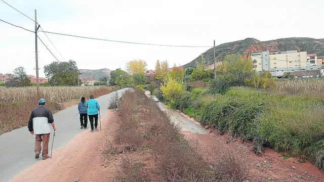 Un grupo de vecinos pasea junto al barranco por el que fluyen las aguas residuales de Villaspesa.