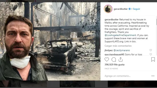 Gerard Butler ha mostrado sus pesar por los devastadores incendios que están asolando California.