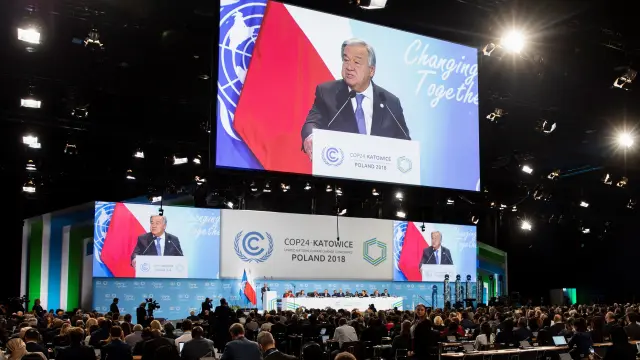 El secretario general de la ONU, Antonio Guterres, durante la ceremonia inaugural de la Cumbre del Clima.