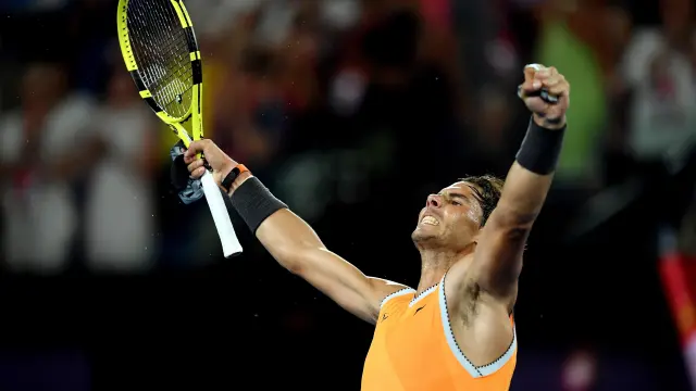 Rafa Nadal celebrando su victoria contra el griego Stefanos Tsitsipas.