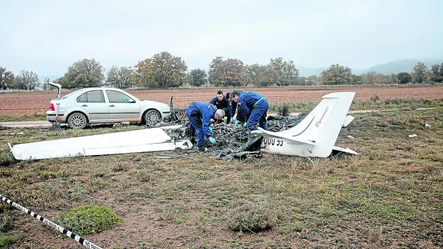 Agentes de la Policía, durante la investigación de los restos de la avioneta calcinada.