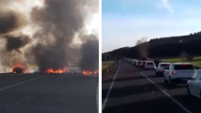 Los CDR queman neumáticos en la carretera A-1240 en Alcampell y causan un atasco kilométrico
