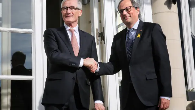 El presidente de la Generalitat, Quim Torra, con el presidente de Flandes, Geert Bourgeois, en Bruselas.