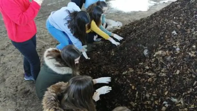 Los jóvenes han convivido este martes con el compostaje en la planta de Peñarroya.
