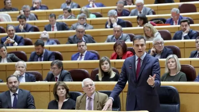 El presidente del Gobierno, Pedro Sánchez, durante su intervención, este martes, en la sesión de control al Gobierno en el Senado, el último pleno de la legislatura.