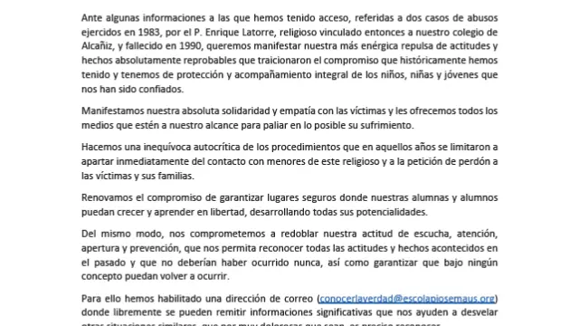 El comunicado emitido por las Escuelas Pías de Alcañiz