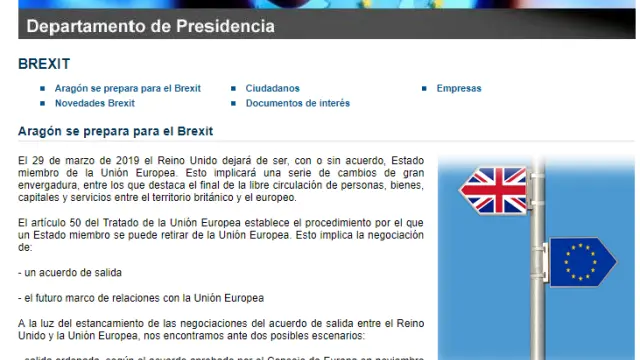 Página de información del Gobierno de Aragón sobre el 'brexit'.