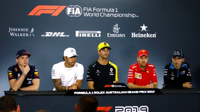 Verstappen, Hamilton, Ricciardo, Vettel y Kubica, en rueda de prensa.