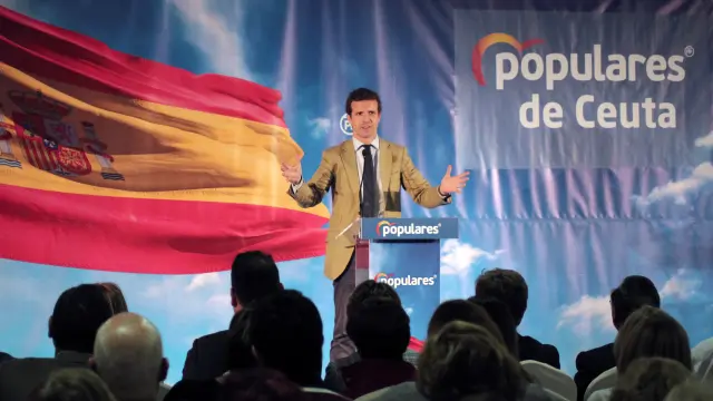 El presidente del Partido Popular, Pablo Casado, durante un acto de su partido efectuado en Ceuta. EFE/ Reduan PABLO CASADO EN CEUTA