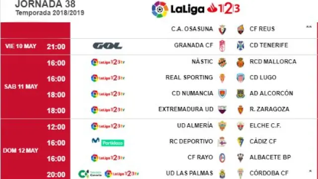 Horarios y fechas de los partidos de la 38ª jornada, con el Extremadura-Real Zaragoza ubicado en la tarde del sábado 11 de mayo.