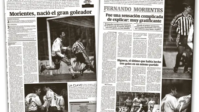 Páginas del HERALDO DE ARAGÓN con la crónica y las informaciones del 2-3 logrado por el Real Zaragoza en Bilbao en enero de 1996, con los 3 goles de Morientes en aquel partido de Copa.