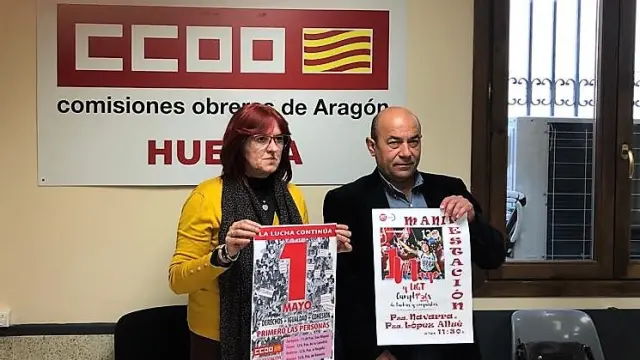 Conchi Giménez y Daniel Alastuey, secretaria general de CC.OO. Huesca y secretario general de UGT Aragón