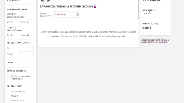 Ejemplo del mensaje que aparece al intentar consultar los trenes disponibles de Zaragoza a Madrid.
