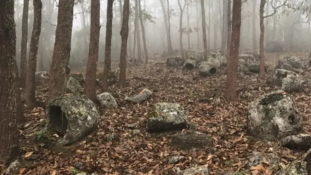 Jarras funerarias en medio de un bosque, en Laos.