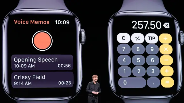 En la imagen se puede ver una calculadora y una aplicación para notas de voz para el Apple Watch