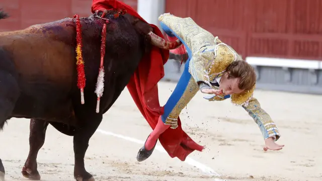 El torero valenciano Román cogido por un toro este domingo en Las Ventas.