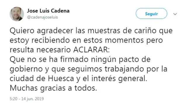 José Luis Cadena asegura que todavía no se ha cerrado ningún pacto en Huesca.