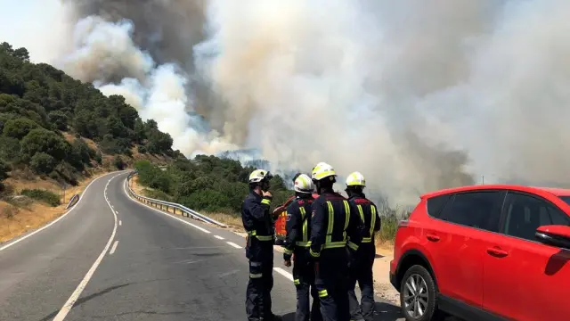 Un total de 348 profesionales tratan de controlar el incendio que afecta a los municipios madrileños de Cadalso de los Vidrios y Cenicientos, que ha quemado ya más de 1.300 hectáreas