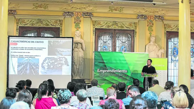 Álvaro Alcalá, durante la presentación de su proyecto empresarial Champiñón del Manubles, en la sede de Bantierra.