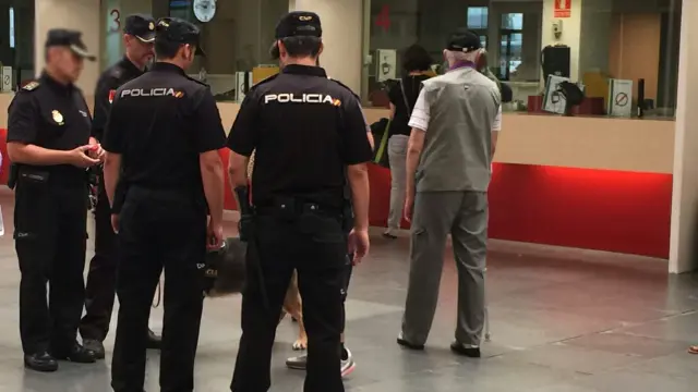 Varios policías nacionales realizan un control de pasajeros en la estación de Delicias.