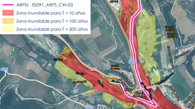 Área de riesgo potencial significativo de inundación en Aínsa.
