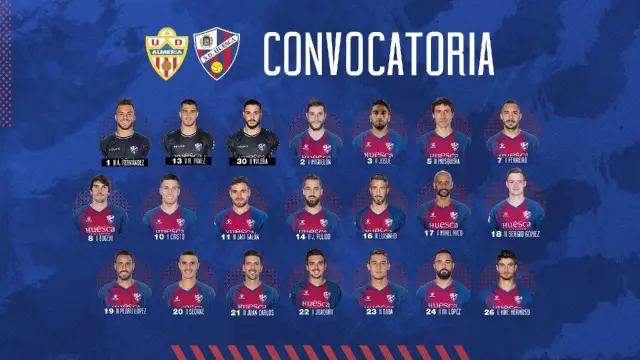 Lista de convocados de la SD Huesca para el choque de este sábado en Almería.