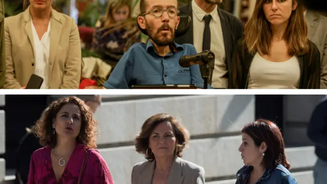 Los equipos negociadores de Unidas Podemos (arriba) y PSOE (abajo)