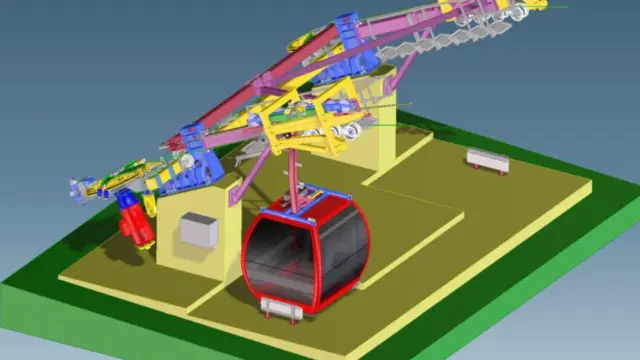 Imagen en 3D de la estación inferior, con la cabina en posición antes de la partida.