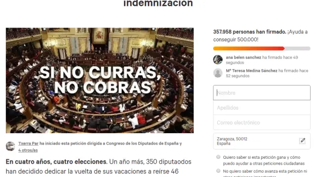 Campaña 'Si no curras, no cobras' en Change.org para que los diputados renuncien a su indemnización tras la disolución de las Cortes.
