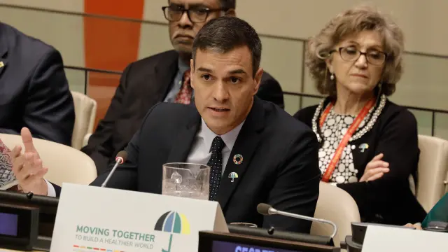 Pedro Sánchez durante una reunión en la ONU.