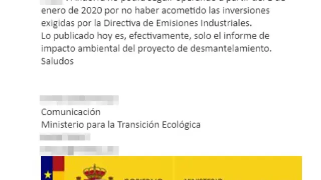 Email enviado este miércoles desde el Ministerio para la Transición Ecológica a HERALDO DE ARAGÓN