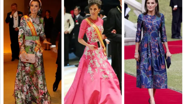 La reina Letizia, en Japón y Corea, con modelos de Matilde Cano y Carolina Herrera
