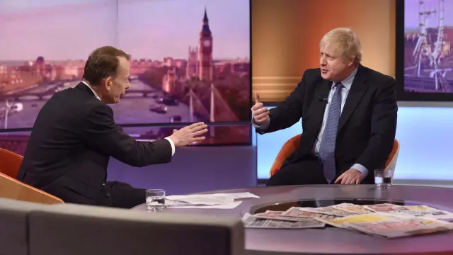 London (United Kingdom), 01/12/2019.- A handout photo made available by BBC shows Conservative Party leader and British Prime Minister Boris Johnson (R) talking with Andrew Marr (L), a Scottish political commentator and television presenter during BBC's Andrew Marr Show, Britain, 01 December 2019. Britons go to the polls on 12 December 2019 in a general election. (Elecciones, Reino Unido) EFE/EPA/JEFF OVERS / BBC / HANDOUT MANDATORY CREDIT: JEFF OWERS/BBC Not for use more than 21 days after issue. HANDOUT EDITORIAL USE ONLY/NO SALES British Prime Minister Boris Johnson at BBC's Andrew Marr Show