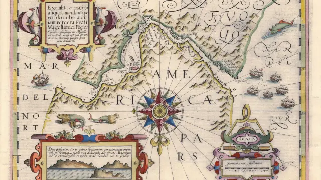 Estrecho de Magallanes, descubierto por el marino portugués en su circunnavegación, en un mapa de 1606 trazado por Jodocus Hondius.