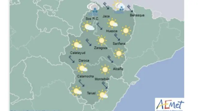 Mapa significativo de la situación meteorológica prevista para este lunes en Aragón.