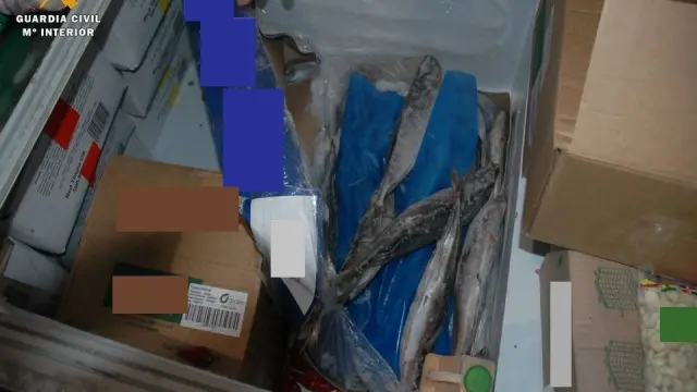 Imágenes de varias cajas con pescado congelado que han sido incautadas por los agentes.
