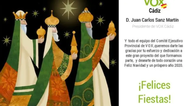 Una felicitación navideña de Vox Cádiz se hace viral al ser los tres Reyes Magos blancos