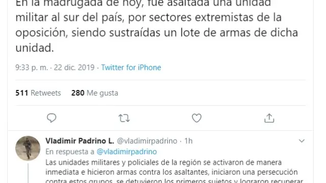 Captura del tuit de Vladimir Padrino que anunciaba el asalto, cerca de Brasil.