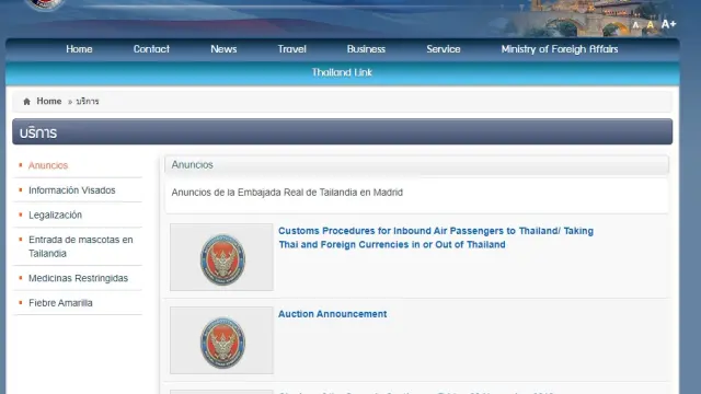 Portada de la web de la Embajada de Tailandia en España.