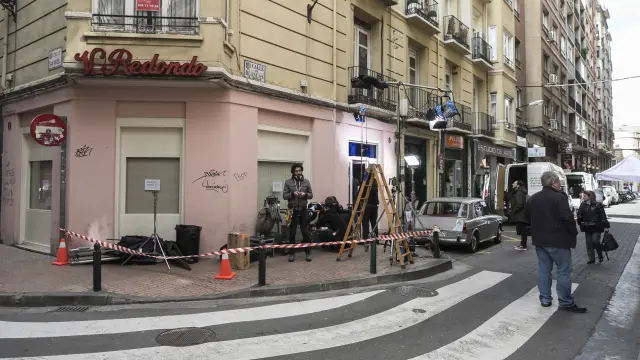 Preparativos del rodaje en la calle de Blancas en Zaragoza