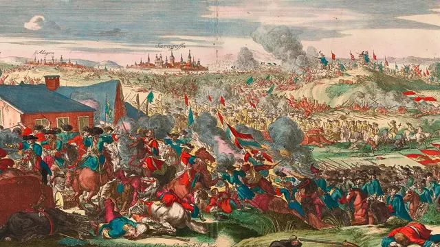 Recreación de la batalla de Zaragoza de 1710, según el grabador Romeyn de Hooghe.