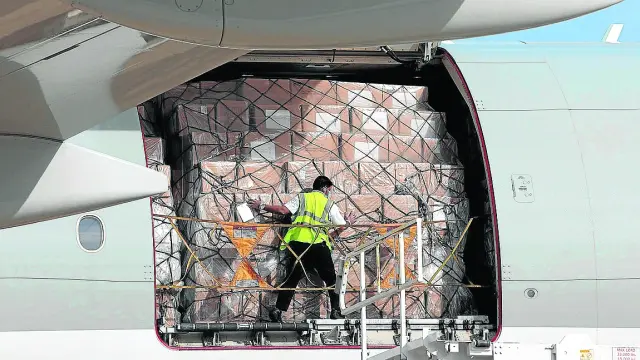 Un operario descarga material de un avión en el aeropuerto de Manises.