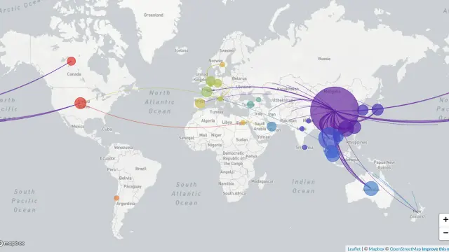 El proyecto Nextstrain permite ver la evolución de la pandemia. Aquí vemos un primer momento, centrado en Asia.