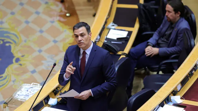 Pedro Sánchez este martes en su comparecencia en el Senado.