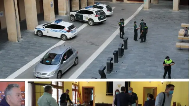 Arriba, efectivos de la Policía Local y la Guardia Civil, este jueves, a las puertas del Ayuntamiento de Tarazona. Abajo, el consejero comarcal Eloy Valero y el momento en el que se suspende la sesión del consejo comarcal.
