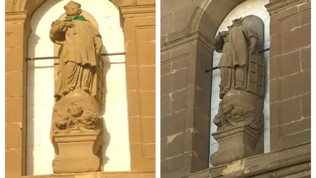 Un año separa estas dos imágenes. En la primera, el santo aparece con el pañuelo colocado en 2019. En la otra, ya sin cabeza, retirada el pasado día 8.